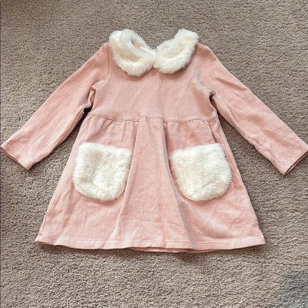 Hatley girls Pink Dress with Faux Fur Collar and Pockets. Herringbone 3t